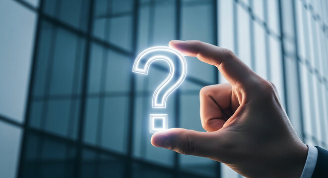 Hand holding glowing question mark against blurred city building background, symbolizing inquiry, uncertainty, or problem-solving in business context