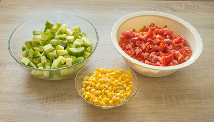 Frozen mixed vegetables, carrots, corn, peppers and zucchini. Preparations for the winter