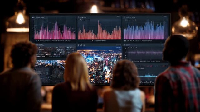 Sharp medium shot capturing detailed OTT engagement heatmap on a large display highlighting peak audience spikes with blurred panels around illustrating live viewer behavior