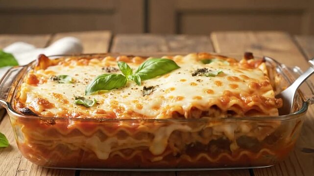 Baked lasagna in glass dish topped with cheese and basil on wood
