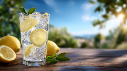 Refreshing lemonade on wooden table outdoors, sparkling bubbles rising from ice, sunlight highlighting translucent liquid and juicy lemon wedges