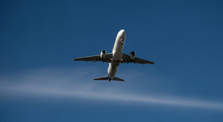 Fototapeta premium Low-angle view of airplane ascending against clear blue sky, showcasing travel, freedom, and journey concepts