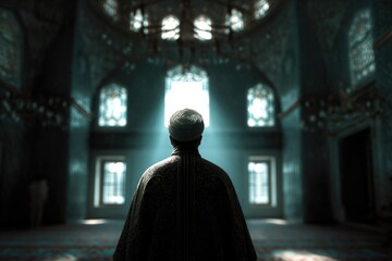 Naklejka premium Islamic praying figure in ornate garment facing bright windows inside grand mosque with hanging lamps and patterned carpet, bathed in soft divine light, creating a serene spiritual atmosphere.