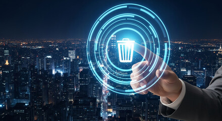 Hand interacts with digital interface showing delete icon, against night city backdrop, symbolizing data deletion or digital removal process