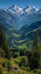 Fototapeta premium Scenic view of the Swiss Alps with snowy peaks, lush forest valleys, and green meadows, a serene countryside landscape in Switzerland, perfect travel destination wallpaper background.