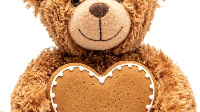 Brown bear plush holds heartshaped cookie against a bright white background