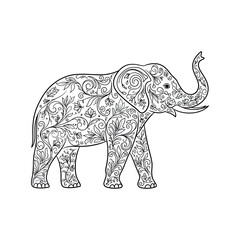 Intricate Floral Elephant Illustration for Coloring, Featuring Detailed Ornamental Patterns and Designs