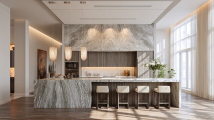Modern kitchen interior showcases elegant design with marble accents and bar stools