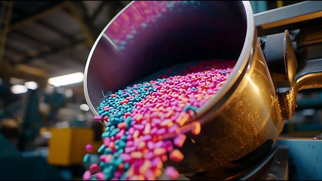 Closeup vibrant plastic pellets pouring from metal machine into processing line inside modern industrial factory