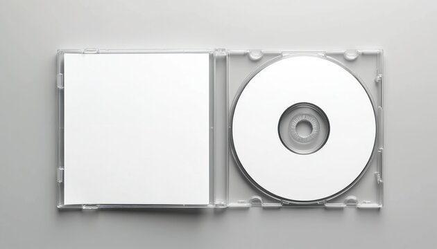 Open clear plastic CD jewel case with blank white disc and insert for branding. Mock-up of compact disc packaging on soft gray background. Represents digital storage, music or software.