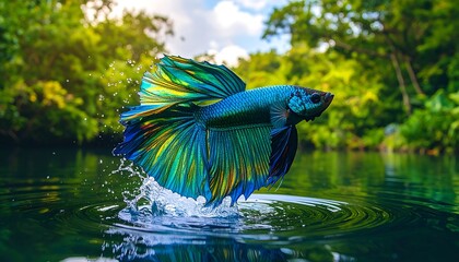 A vibrant betta fish, showcasing its spectacular, iridescent fins, leaps gracefully out of a tranquil, emerald-green pond, bathed in natural light.