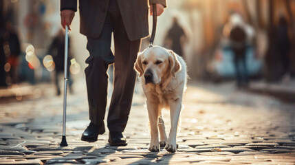 Elderly man with cane walking a golden retriever dog on a cobblestone street, surrounded by blurred pedestrians and warm sunlight, showcasing companionship and mobility assistance