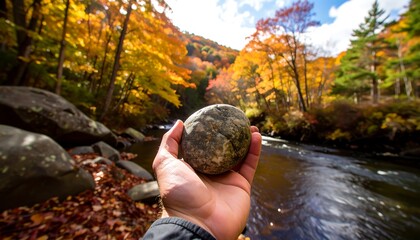 A smooth, rounded stone held in a hand, set against a backdrop of autumnal foliage and a flowing stream.