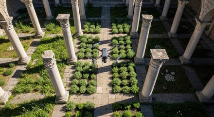 Aerial view of ancient garden with stone columns and symmetrical design