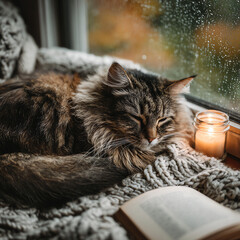 Cozy Maine Coon Cat on Knit Blanket by Window