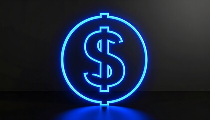 A glowing neon blue dollar sign symbol is presented against a dark background, creating a striking visual effect.