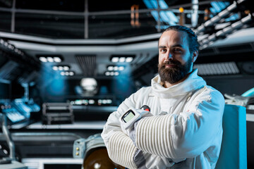 Portrait of cosmonaut navigating orbital trajectory in futuristic starship during cosmic journey. Astronaut inspecting spacecraft hull, conducting safety checks during long distance space travel