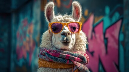 Obraz premium A trendy llama stands confidently wearing oversized sunglasses and a colorful scarf. Behind it, vivid graffiti decorates the urban backdrop, creating a lively atmosphere.