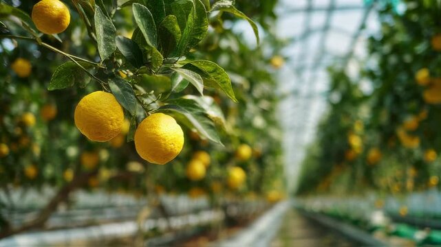 Medium shot focusing on a cluster of ripe kosher etrogs hanging from branches with blurred greenhouse structures and automated irrigation systems softly out of focus behind.