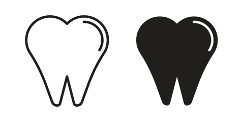 Tooth Icons in Line Art and Solid Styles, Isolated on White Background