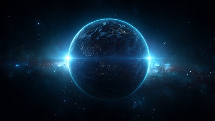 A blue Earth with glowing lights on it, centered in the frame against a black background, surrounded by stars and space, in a cinematic style