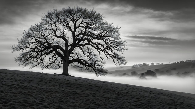 A solitary oak tree stands on a hill shrouded in fog in black and white