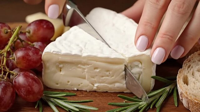 Creamy brie wedge is being sliced with a knife Red grapes bread slices and sprigs of rosemary surround it