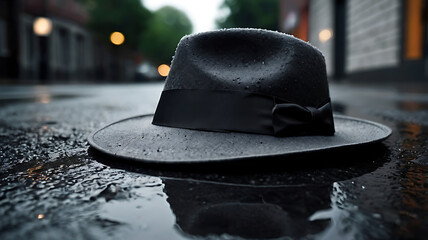 A black fedora hat sits in a puddle on a rainy city street