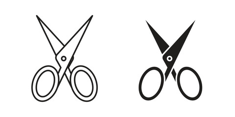 Scissors Icons in Open Position with Line and Solid Styles, Isolated on White Background