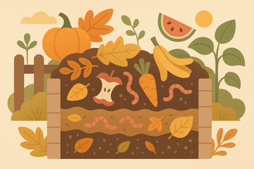 Stylized Flat Vector Illustration of a Backyard Compost System — Leaves, Fruits, Vegetables, Worms, and Soil Layers