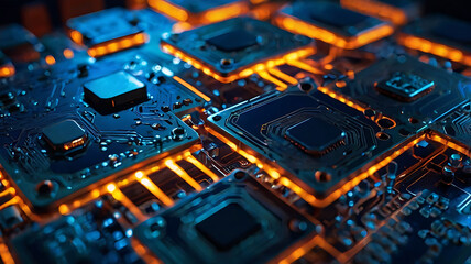 Fototapeta premium Closeup of a computer circuit board with glowing orange connections
