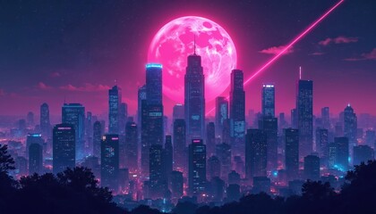 Fototapeta premium Vibrant cityscape silhouette with illuminated skyscrapers under starry night sky, large pink moon. Features futuristic pink laser beam cutting across sky. Illustration captures modern urban landscape
