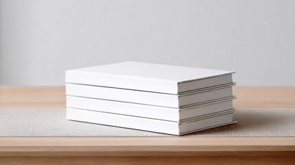 white notebooks stacked on light wooden desk with neutral linen underlay, clean Scandinavian styling