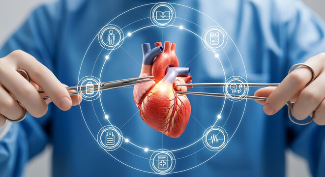 Surgeon's hands holding forceps near a realistic human heart, surrounded by digital medical interface icons, showcasing cardiac surgery and modern healthcare technology