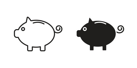 Piggy Bank Icons in Line Art and Solid Styles, Isolated on White Background