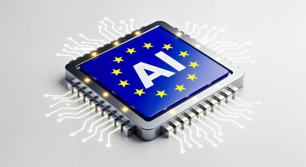 Microchip with European Union Flag in Center and "Ai" Text Overlay on Empty White Isolated Background 