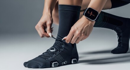 Female tying innovative smart sneakers with heart rate monitor - fitness technology