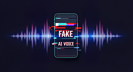Sound Waves with Distorted "Fake" and "Ai Voice" Text Overlays over Smartphone 