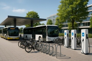 Electric buses charging at an urban mobility hub promoting sustainable transportation with bicycle sharing and charging stations