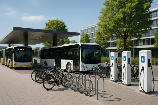 Electric buses charging at an urban mobility hub promoting sustainable transportation with bicycle sharing and charging stations