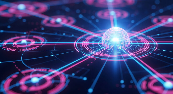 Abstract glowing sphere connected by pink and blue lines, creating a futuristic network visualization, symbolizing technology, connection, and innovation - Powered by Adobe
