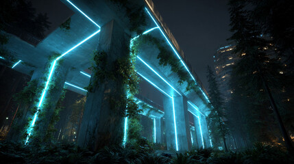 Obraz premium Urban landscape blending with forest, beams of light shining through trees, symbolizing connection between city and nature, harmony, sustainability, and modern environmental vision.