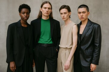 Four fashion models wearing gender neutral clothing are posing together in front of a concrete wall