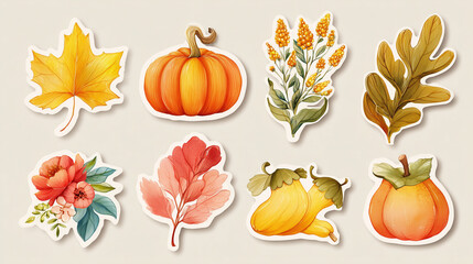 Set of bright cozy autumn stickers on neutral white background. Detailed elements. Holiday season illustration. AI generation