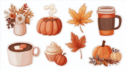 Set of bright cozy autumn stickers on neutral white background. Detailed elements. Holiday season illustration. AI generation