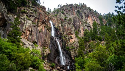 Waterfall cascading down rocky mountainside