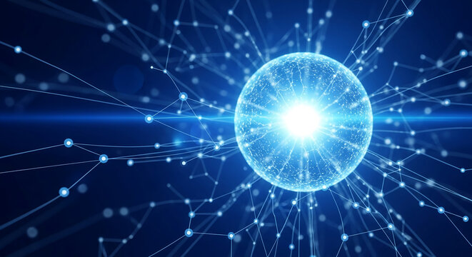 Luminous blue sphere with connecting lines, radiating light, illustrating network, connection, and global communication concepts