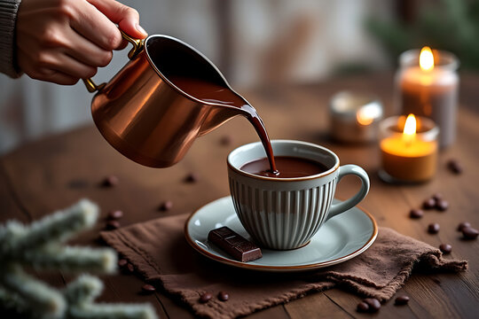 Pouring Rich Hot Chocolate into a Cup with Chocolate Bar and Candles for a Cozy and Warm Winter Beverage