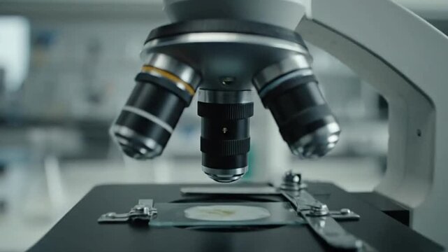 Microscope with slide in a lab closeup view focusing on the objective lenses and specimen stage