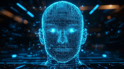 Futuristic digital representation of human head, showcasing wireframe design with glowing blue elements. This high tech visualization emphasizes advanced technology and identity verification